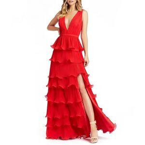 Ieena Mac Duggal Sleeveless Red Ruffled V Neck Gown NWT